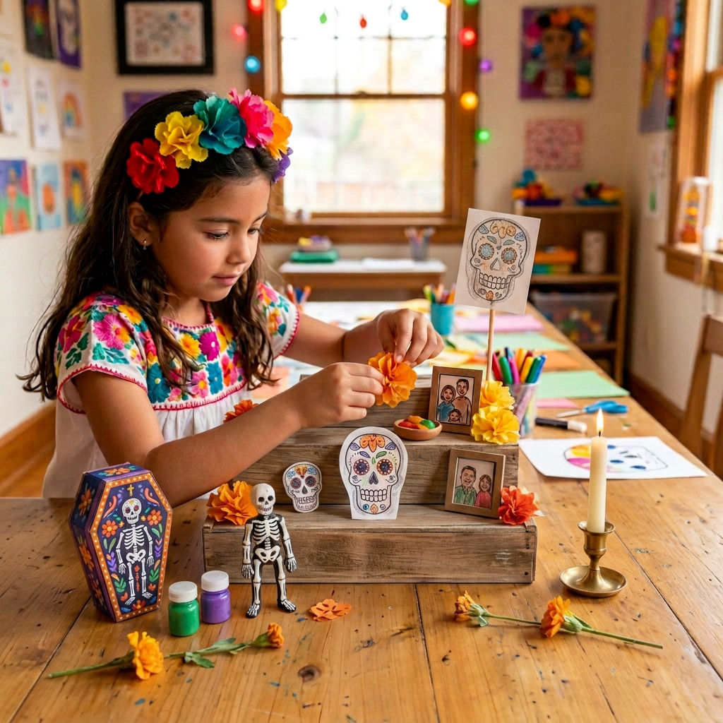 Children making crafts beside a colorful Día de Muertos altar